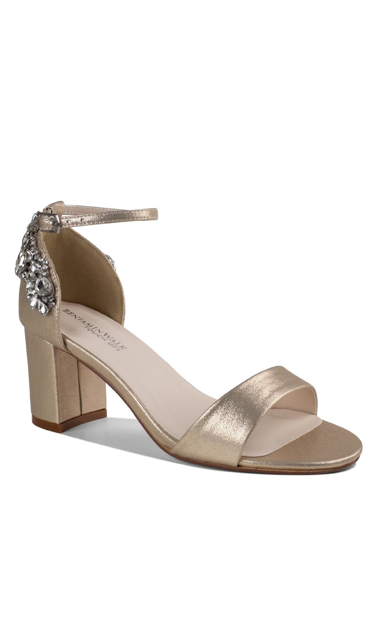 The Olivia Champagne Shimmer Prom Shoes (Touch Ups 4637) feature block heels, an ankle strap, open toe, and jeweled heel details—standout footwear for prom.